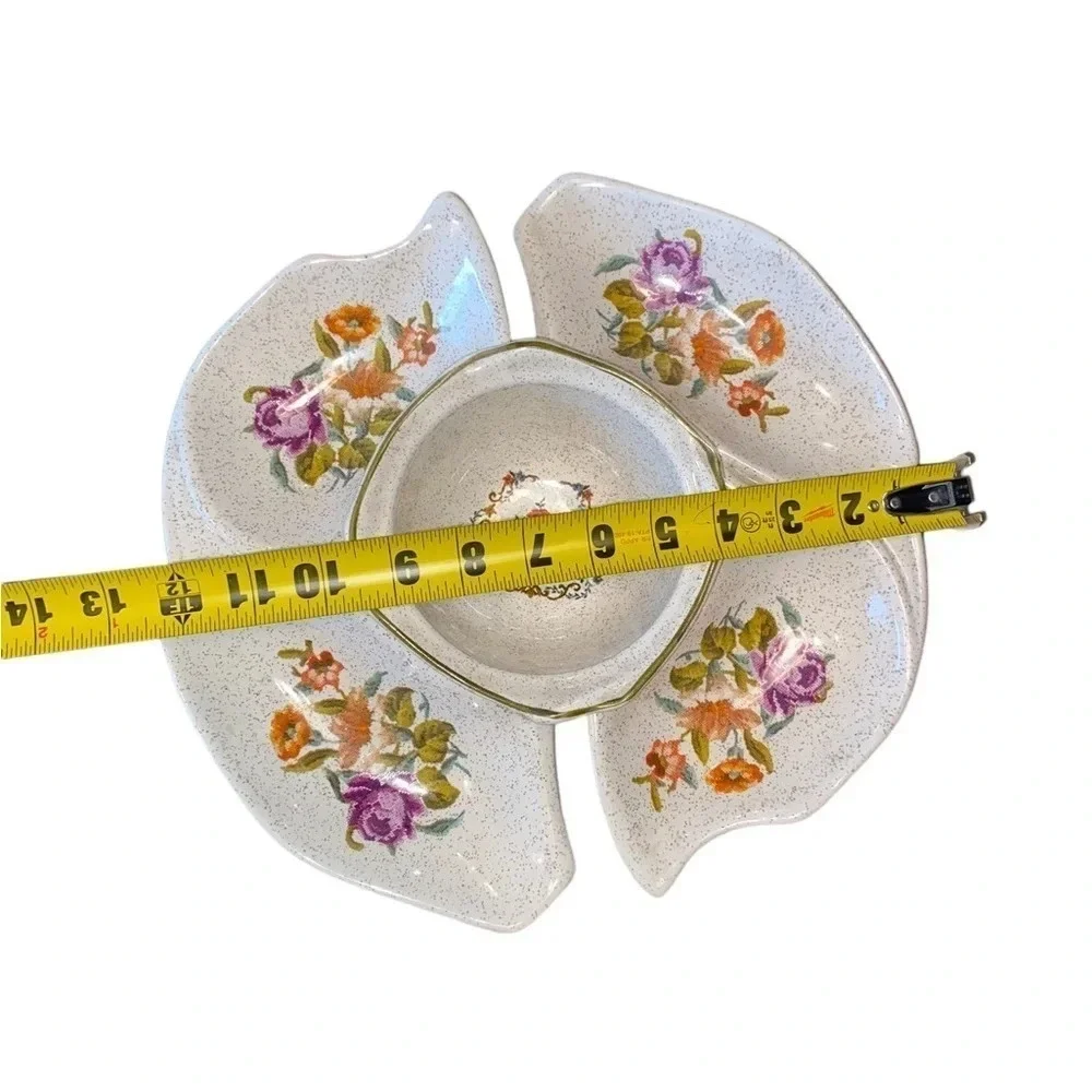 Vintage California pottery needlepoint Floral Lazy Susan appetizer serving dish